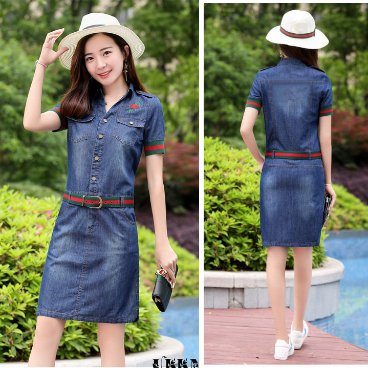 ĐẦM JEAN LIỀN CỔ SƠ MI PHỐI BO SỌC THÊU HOA HỒNG - NJ936